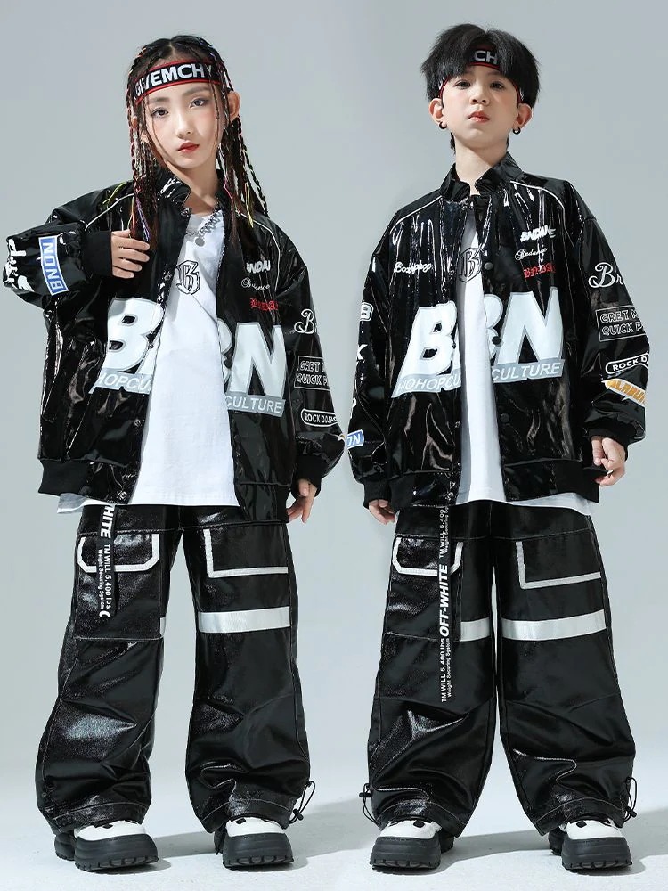 街舞児童潮服ヒップホップ機関車服皮衣男童セットhiphop童装爆街演出服走秀女