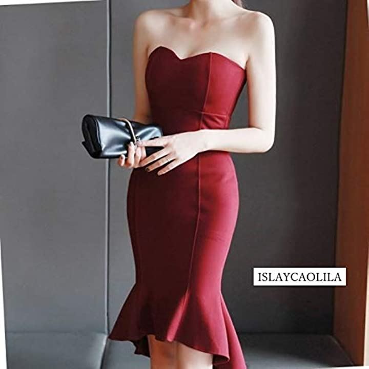 マーメード ワンピース ベアトップ フィッシュテール クラブドレス オフショルダー ノースリーブ タイト ミモレ丈 レディース(ワインレッド, L)