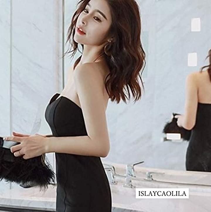 マーメード ワンピース ベアトップ フィッシュテール クラブドレス オフショルダー ノースリーブ タイト ミモレ丈 レディース(ワインレッド, L)