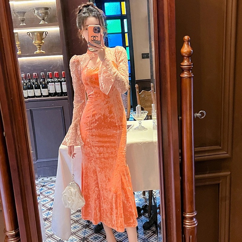 2024秋冬新作中国風改良チャイナドレス中国風ベルスリーブスリムフィットベルベットロングスカート20961