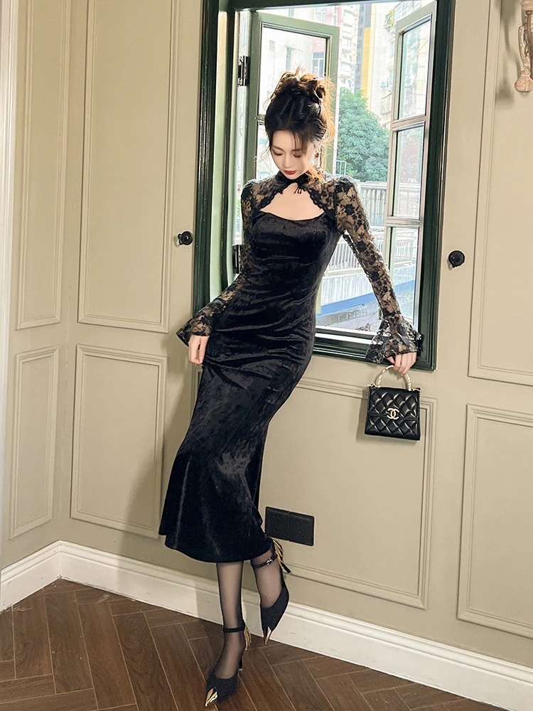 2024秋冬新作中国風改良チャイナドレス中国風ベルスリーブスリムフィットベルベットロングスカート20961