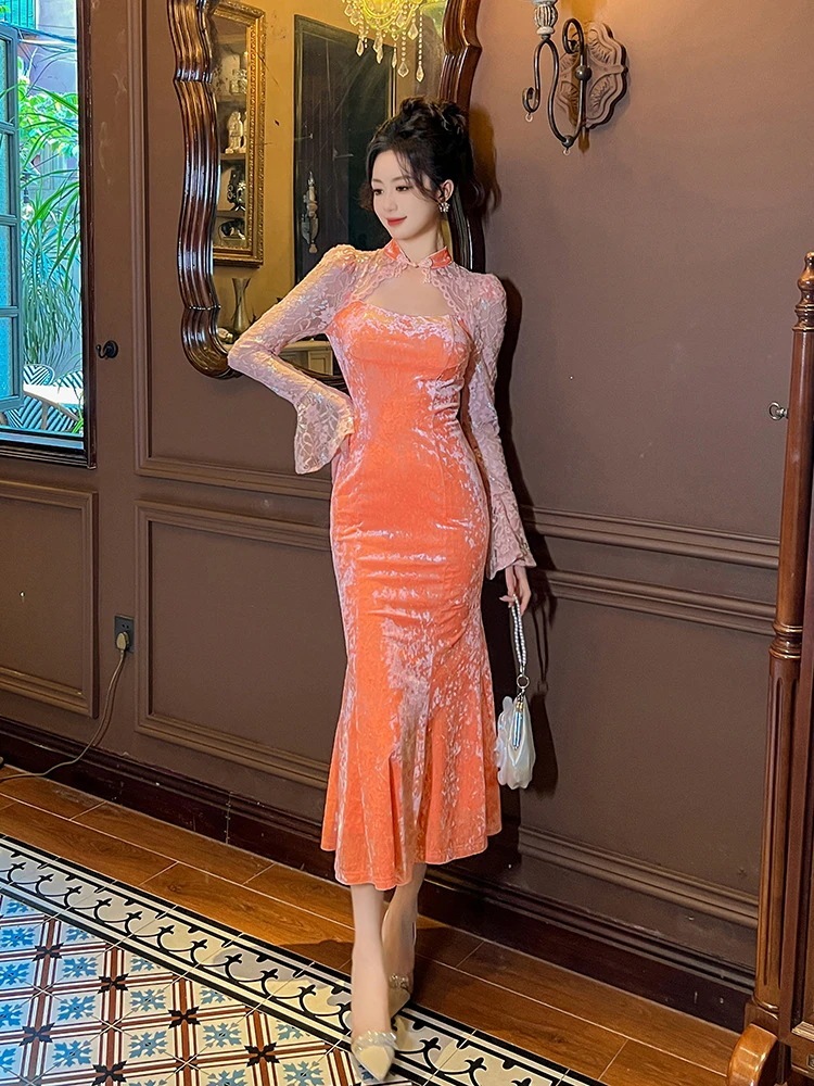 2024秋冬新作中国風改良チャイナドレス中国風ベルスリーブスリムフィットベルベットロングスカート20961