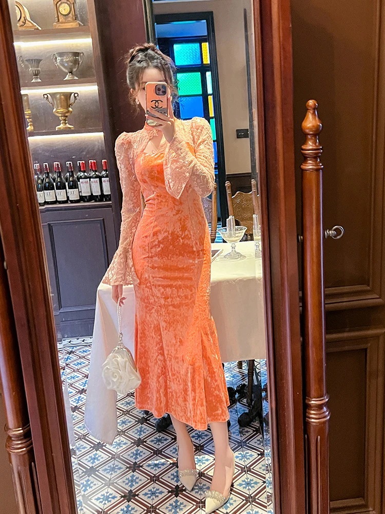 2024秋冬新作中国風改良チャイナドレス中国風ベルスリーブスリムフィットベルベットロングスカート20961