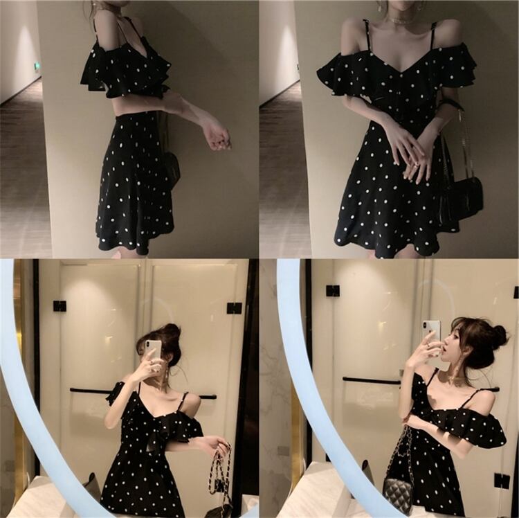 ドット柄 水玉 夏 ワンピース レディース ショート 半袖 Vネック Aライン フリル サスペンダー かわいい 大人可愛い きれいめ シンプル カジュアル 上品 おしゃれ レトロ こなれ感 ラフ ガー