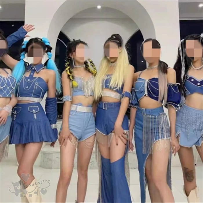 kpop衣装 レディース スパンコール キラキラ 韓国 アイドル衣装 大人 ダンス衣装 KPOP ダンス衣装 へそ出し トップス セットアップ ヒップポップ ジャズ ダンス衣装 デニム へそ出し スカ