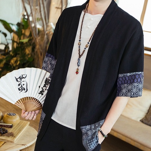 L ブラック メンズ 綿麻 甚平 風 カーディガン メンズ アウター 羽織り 七分袖 リネン 浴衣風 七分袖シャツ オープニング大セール Www Quartzhotel Mx
