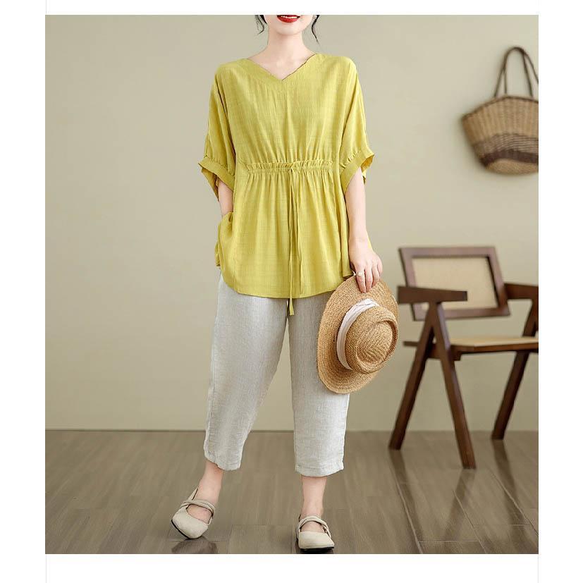 シャツ ブラウス レディース 春秋 長袖 綿 麻 ボリューム袖 Vネック ギャザー シャツ リネン 大きいサイズ 春 夏 秋 オシャレ シンプル カジ