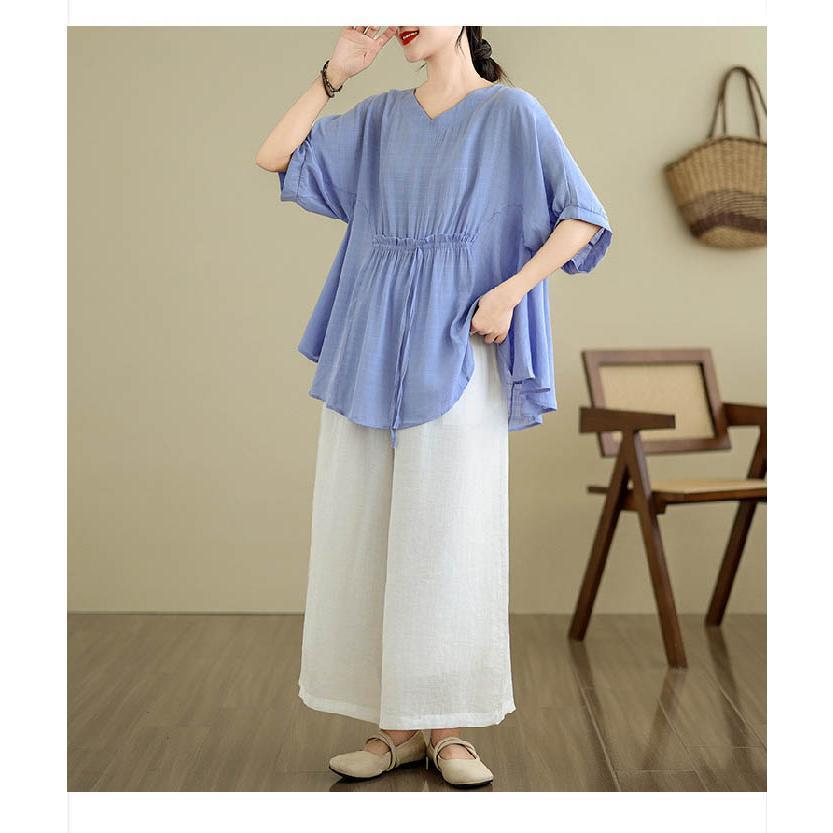 シャツ ブラウス レディース 春秋 長袖 綿 麻 ボリューム袖 Vネック ギャザー シャツ リネン 大きいサイズ 春 夏 秋 オシャレ シンプル カジ