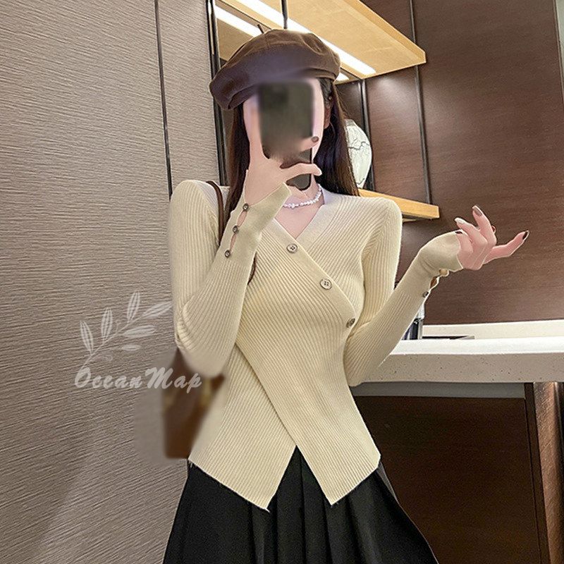 クーポン 上品肌見せ セーターVネック 長袖ニット 大人 ファッション 華奢魅せ レディース リブニット セーター ニュート 鎖骨美人 重ね着 高伸縮 リブ素材 着回し 華奢見え 薄手 ニットソー カ
