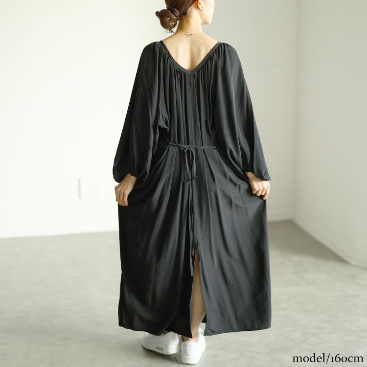 【即納】大きいサイズレディース ワンピース 前後2wayバルーン袖Vネックワンピース ワンピ ロング マキシ 前後 2way ボリューム袖 バルーン 長袖 Vネック ウエストリボン スリット ギャザー