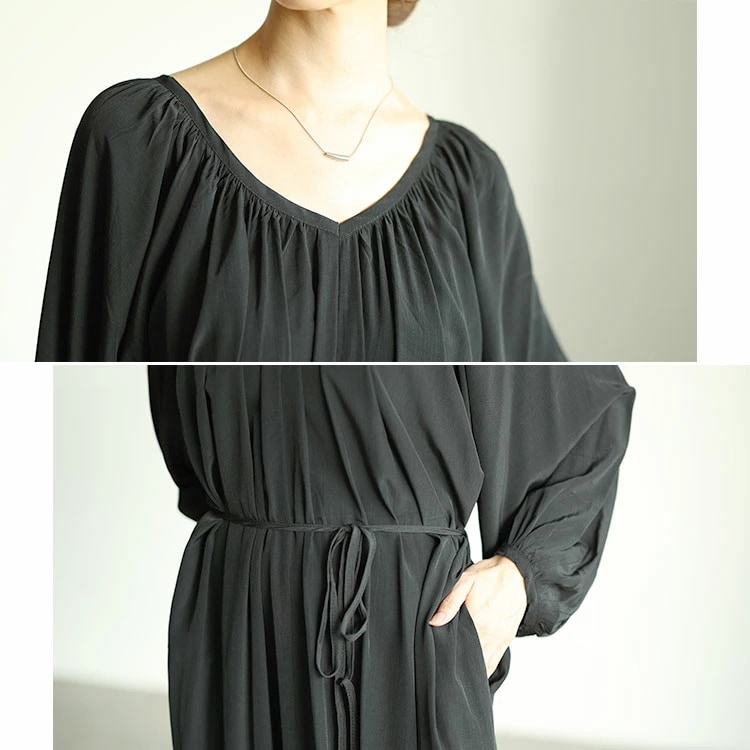 【即納】大きいサイズレディース ワンピース 前後2wayバルーン袖Vネックワンピース ワンピ ロング マキシ 前後 2way ボリューム袖 バルーン 長袖 Vネック ウエストリボン スリット ギャザー