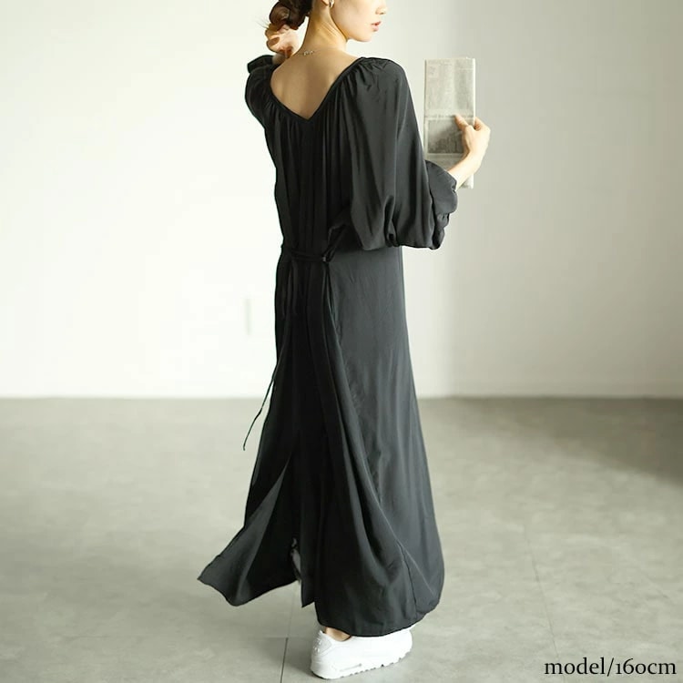 【即納】大きいサイズレディース ワンピース 前後2wayバルーン袖Vネックワンピース ワンピ ロング マキシ 前後 2way ボリューム袖 バルーン 長袖 Vネック ウエストリボン スリット ギャザー