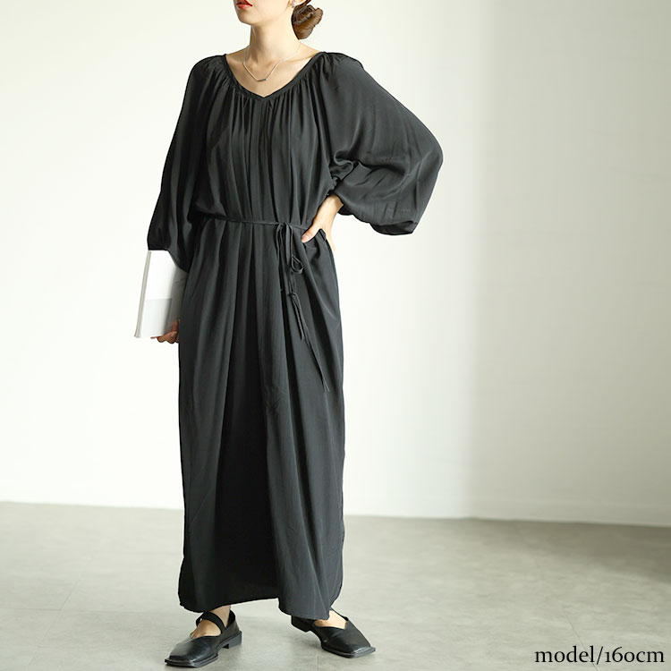 【即納】大きいサイズレディース ワンピース 前後2wayバルーン袖Vネックワンピース ワンピ ロング マキシ 前後 2way ボリューム袖 バルーン 長袖 Vネック ウエストリボン スリット ギャザー