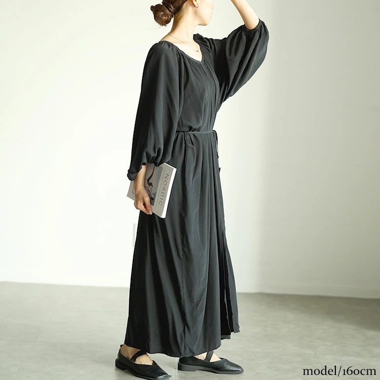【即納】大きいサイズレディース ワンピース 前後2wayバルーン袖Vネックワンピース ワンピ ロング マキシ 前後 2way ボリューム袖 バルーン 長袖 Vネック ウエストリボン スリット ギャザー