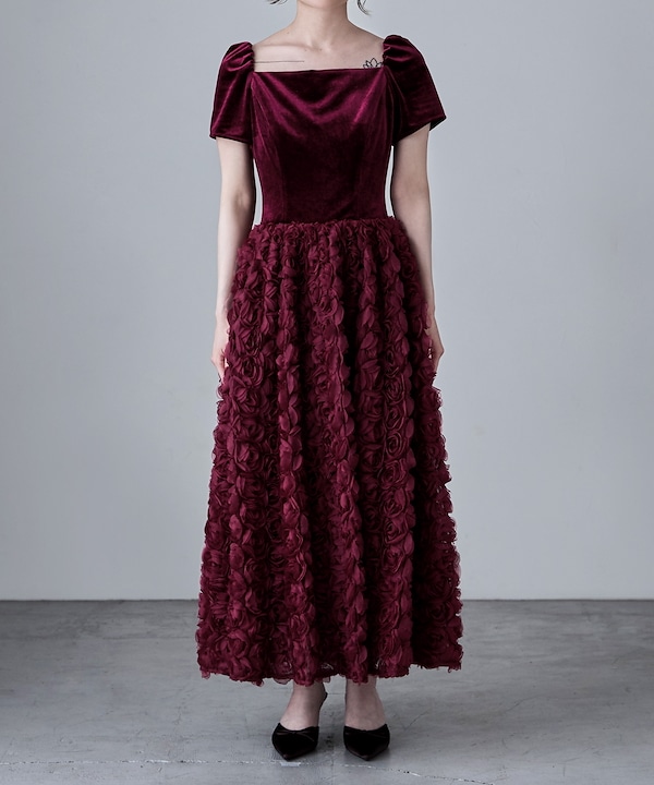 ベロアロゼットフレアドレス　etoll. バーガンディ bflat｜ベロアロゼットフレアドレス | Rakuten Fashion(楽天