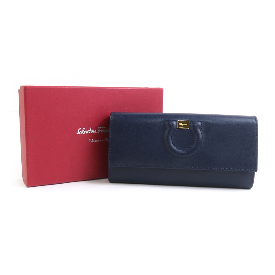 サルヴァトーレフェラガモ Salvatore Ferragamo 長財布 ガンチーニ レザー ネイビー レディース 56102a