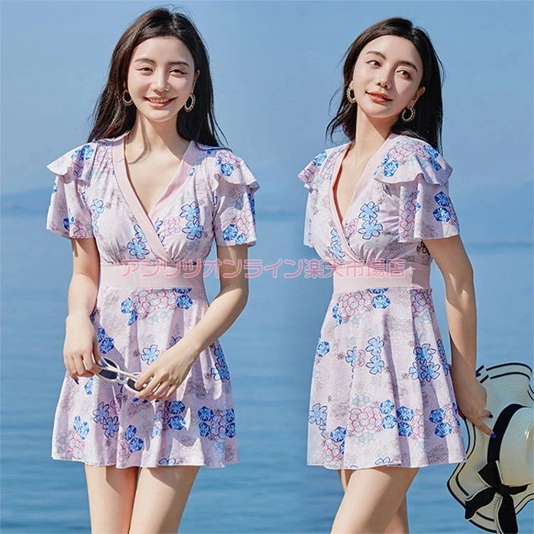 パープル レディース 水着 ママ水着 韓国 体型カバー 露出控え 大きいサイズ ファッション 温泉 ボヘミアン 総柄 ママ水着 花柄 総柄 ハワイアンス ワンピース ぴったり カジュアル 花柄 可愛い