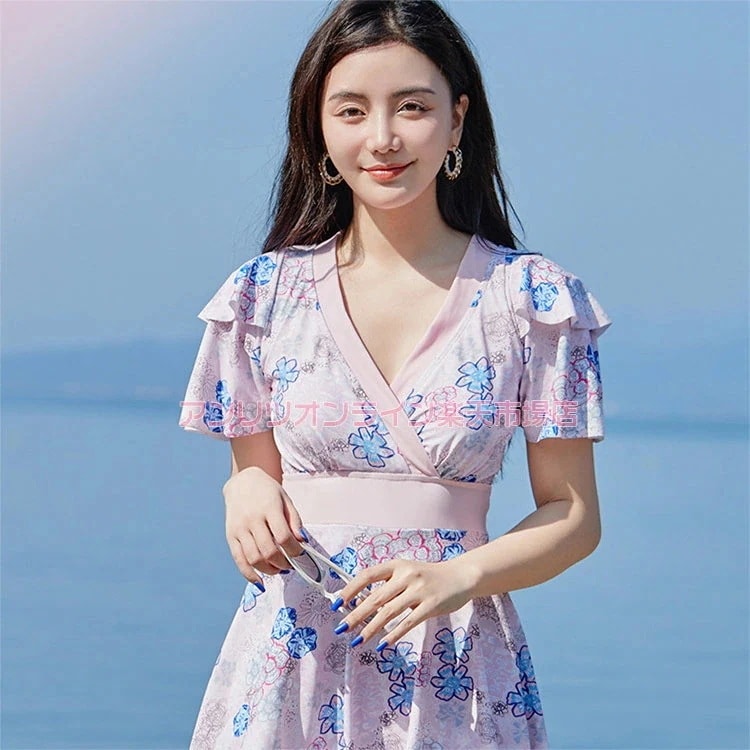 パープル レディース 水着 ママ水着 韓国 体型カバー 露出控え 大きいサイズ ファッション 温泉 ボヘミアン 総柄 ママ水着 花柄 総柄 ハワイアンス ワンピース ぴったり カジュアル 花柄 可愛い