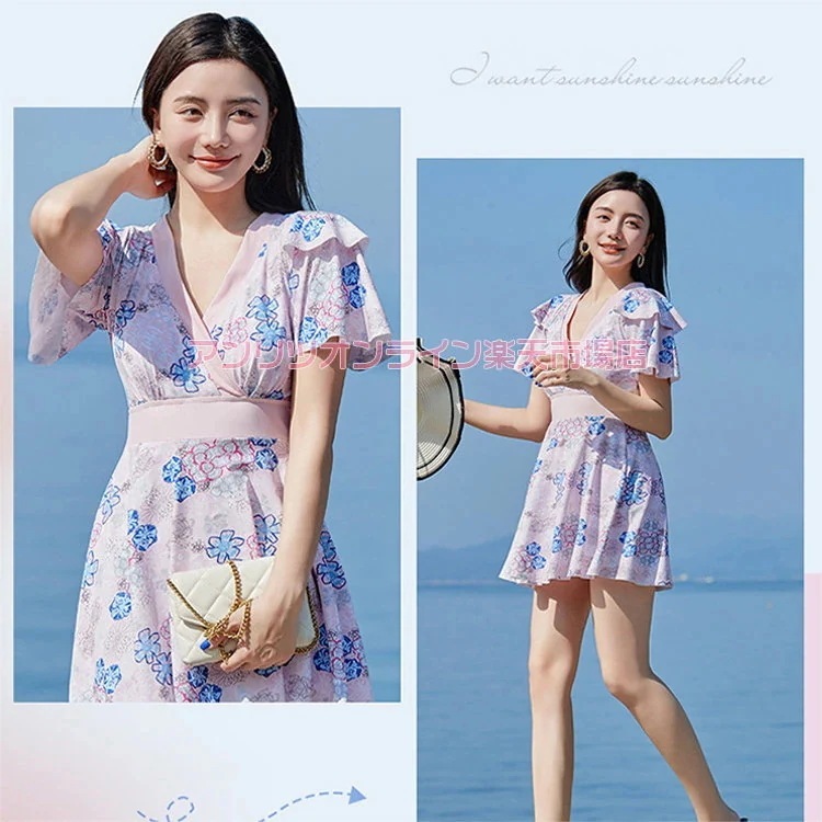 パープル レディース 水着 ママ水着 韓国 体型カバー 露出控え 大きいサイズ ファッション 温泉 ボヘミアン 総柄 ママ水着 花柄 総柄 ハワイアンス ワンピース ぴったり カジュアル 花柄 可愛い