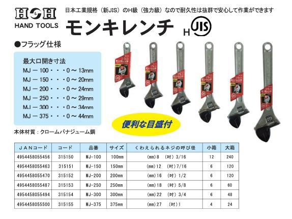 （業務用5セット）H&H モンキーレンチ/作業工具 375mm 目盛付き JIS/H級 MJ-375 業務用/DIY用品/日曜大工/スパナ