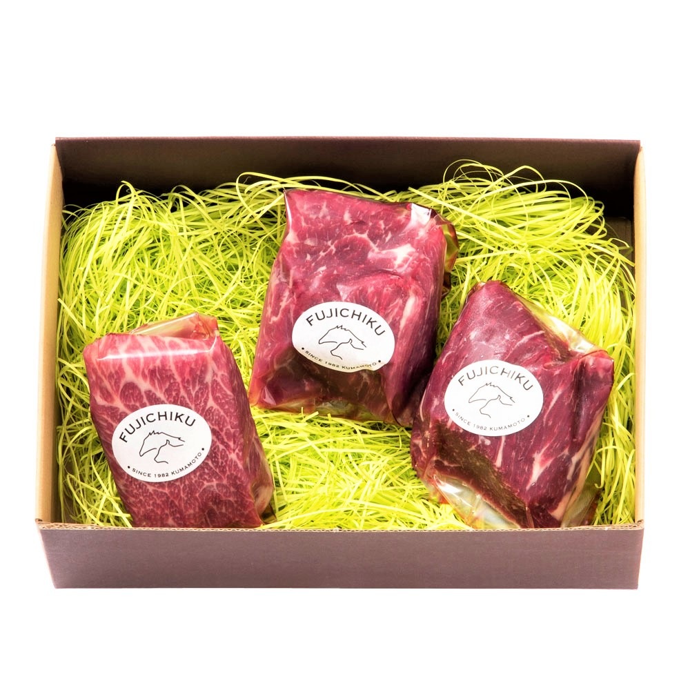 ふじ馬刺し 上赤身と中トロの詰合せ（中トロ 80g x 1, 上赤身80g x 2）　二重包装＆ギフト包装　フジチク