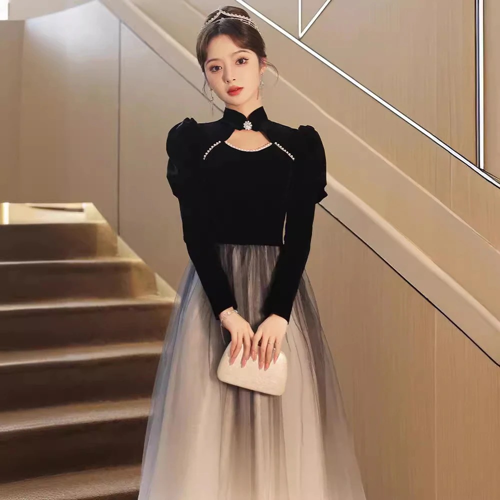 パーティードレス黒のイブニングドレス女性2025しい長袖ドレス パーティードレス黒のイブニングドレス女性2025しい長袖ドレス