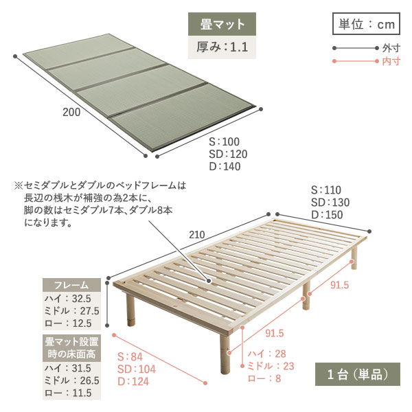 畳 ベッド ワイドキング240cm(S+SD) ナチュラル 生成り 目積織 畳マット付き 3段階 高さ調整可 すのこ 4つ折りマット 組立品 畳 ベッド ワイドキング240cm(S+SD) ナチュラル 生成り 目積織 畳マット付き 3段階 高さ調整可 すのこ 4つ折りマット 組立品