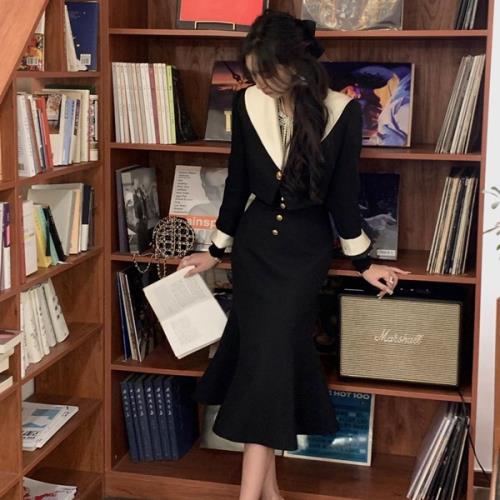 【急速出荷 2025年新作】セットアップ 2点セット ツーピース ワンピース 無地 白襟 秋 冬 春 長袖 ミモレ丈 おしゃれ 可愛い ショートジャケット バイカラー モノトーン ロングスカート マー