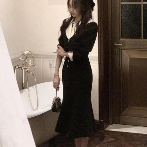 【急速出荷 2025年新作】セットアップ 2点セット ツーピース ワンピース 無地 白襟 秋 冬 春 長袖 ミモレ丈 おしゃれ 可愛い ショートジャケット バイカラー モノトーン ロングスカート マー