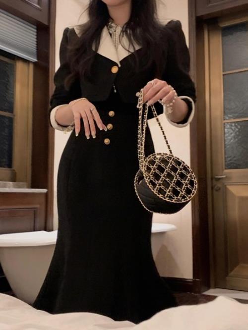 【急速出荷 2025年新作】セットアップ 2点セット ツーピース ワンピース 無地 白襟 秋 冬 春 長袖 ミモレ丈 おしゃれ 可愛い ショートジャケット バイカラー モノトーン ロングスカート マー