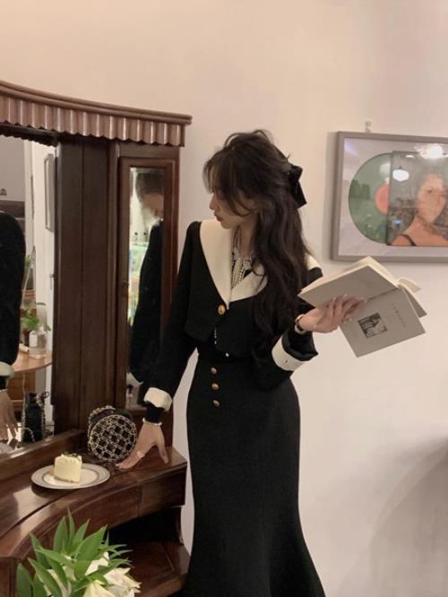 【急速出荷 2025年新作】セットアップ 2点セット ツーピース ワンピース 無地 白襟 秋 冬 春 長袖 ミモレ丈 おしゃれ 可愛い ショートジャケット バイカラー モノトーン ロングスカート マー