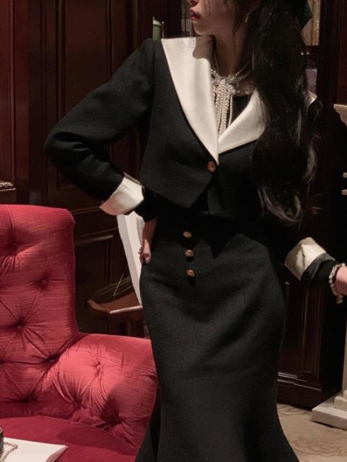 【急速出荷 2025年新作】セットアップ 2点セット ツーピース ワンピース 無地 白襟 秋 冬 春 長袖 ミモレ丈 おしゃれ 可愛い ショートジャケット バイカラー モノトーン ロングスカート マー