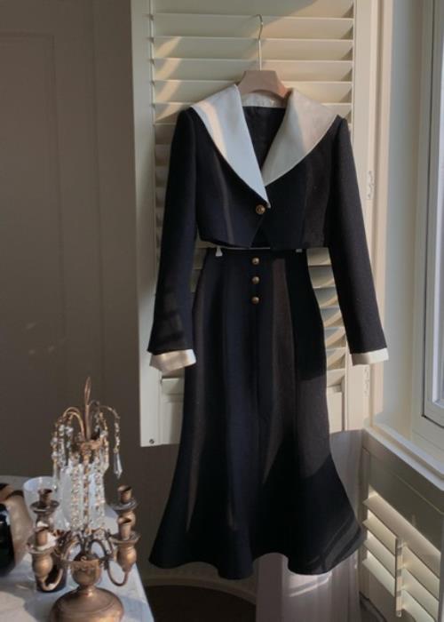 【急速出荷 2025年新作】セットアップ 2点セット ツーピース ワンピース 無地 白襟 秋 冬 春 長袖 ミモレ丈 おしゃれ 可愛い ショートジャケット バイカラー モノトーン ロングスカート マー