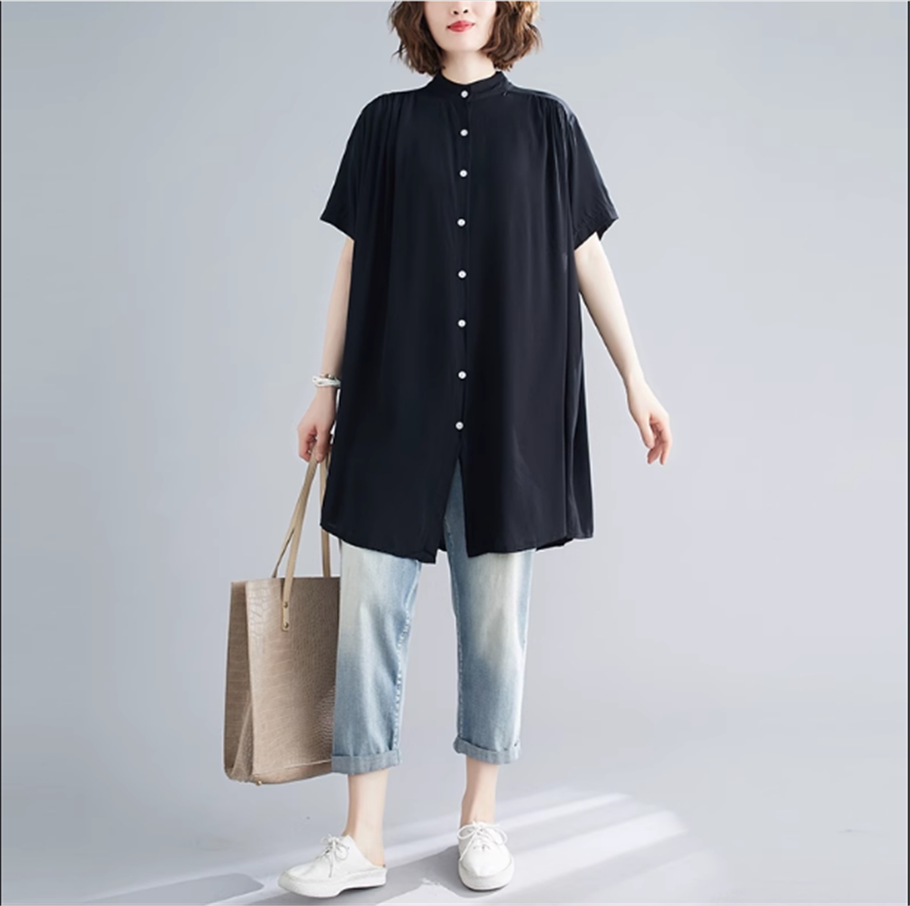トップス シャツ チュニック 半袖 クルーネック ワイド 前開き 大人可愛い シンプル カジュアル 大人女子 こなれ感 ラフ 抜け感 夏 10代 20代 30代 40代 レディース ママ 学生 通学