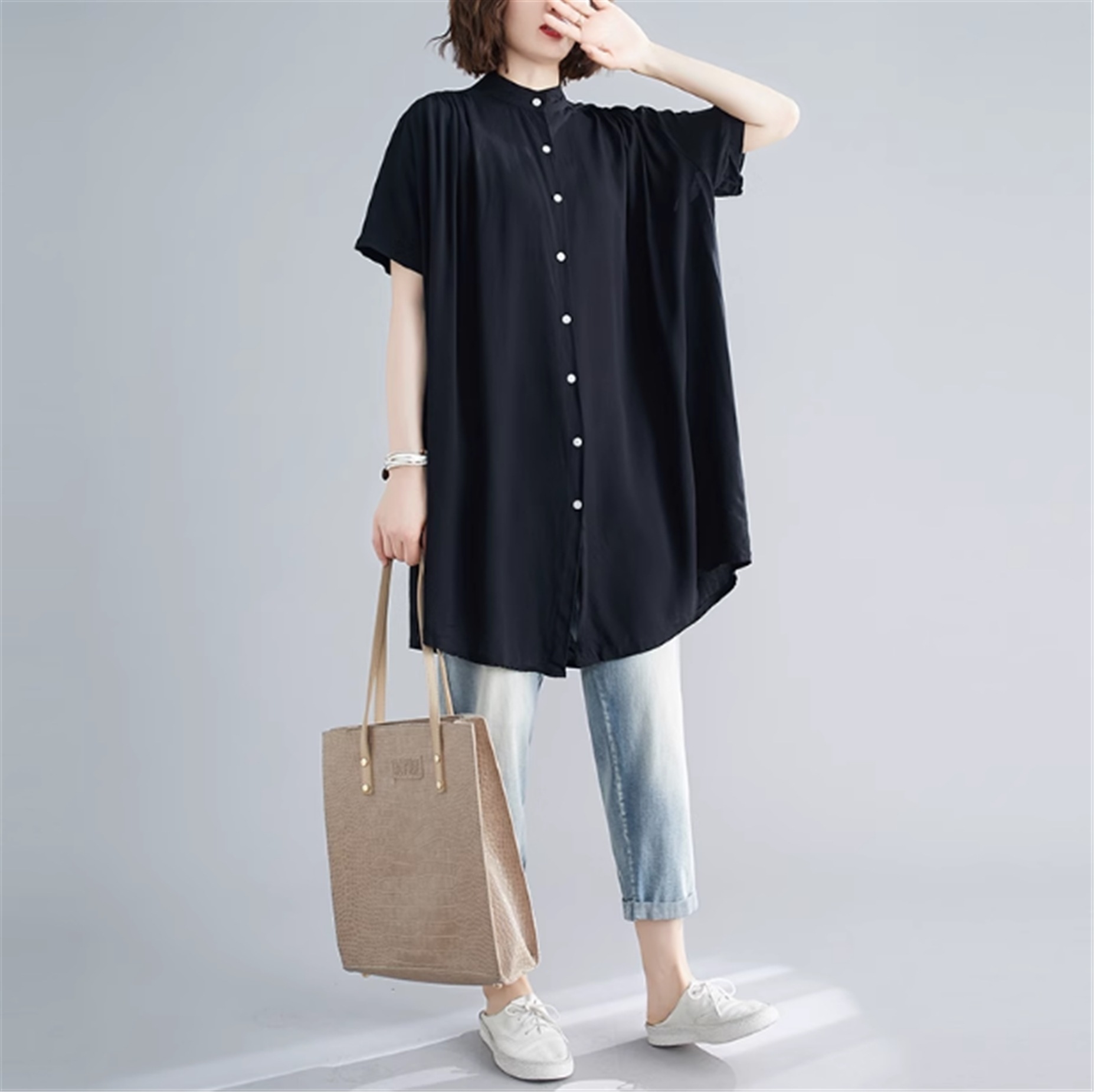 トップス シャツ チュニック 半袖 クルーネック ワイド 前開き 大人可愛い シンプル カジュアル 大人女子 こなれ感 ラフ 抜け感 夏 10代 20代 30代 40代 レディース ママ 学生 通学