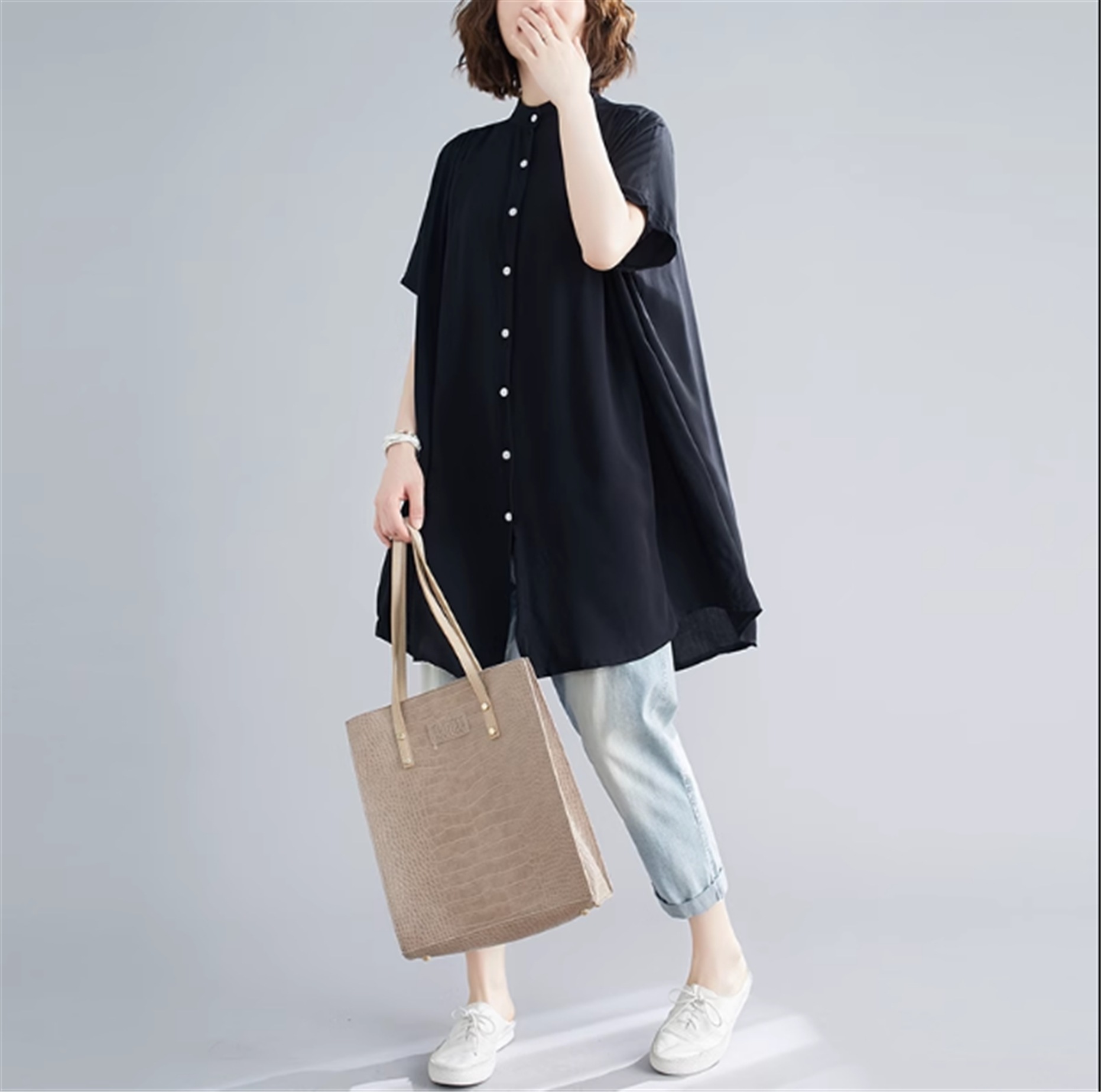 トップス シャツ チュニック 半袖 クルーネック ワイド 前開き 大人可愛い シンプル カジュアル 大人女子 こなれ感 ラフ 抜け感 夏 10代 20代 30代 40代 レディース ママ 学生 通学