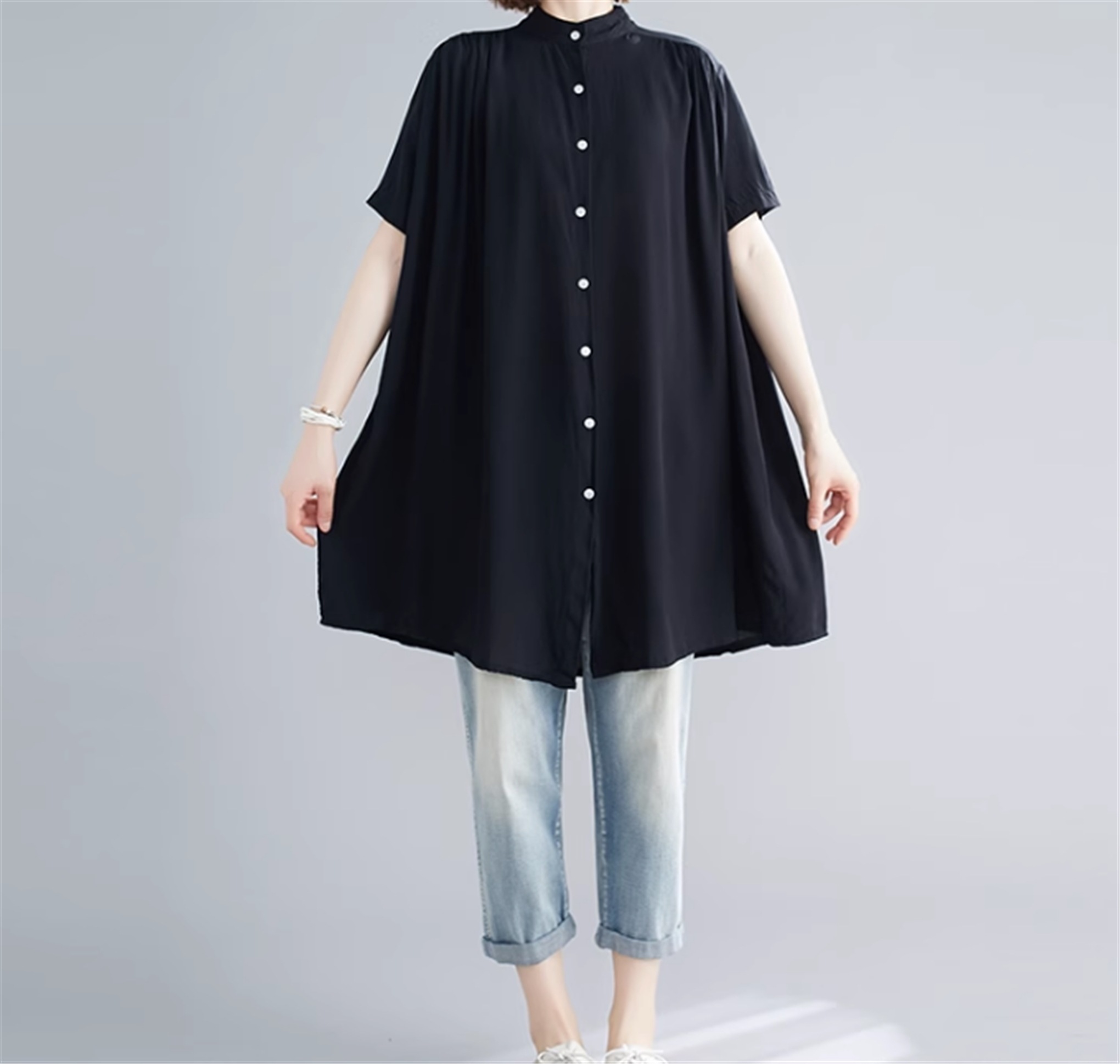 トップス シャツ チュニック 半袖 クルーネック ワイド 前開き 大人可愛い シンプル カジュアル 大人女子 こなれ感 ラフ 抜け感 夏 10代 20代 30代 40代 レディース ママ 学生 通学