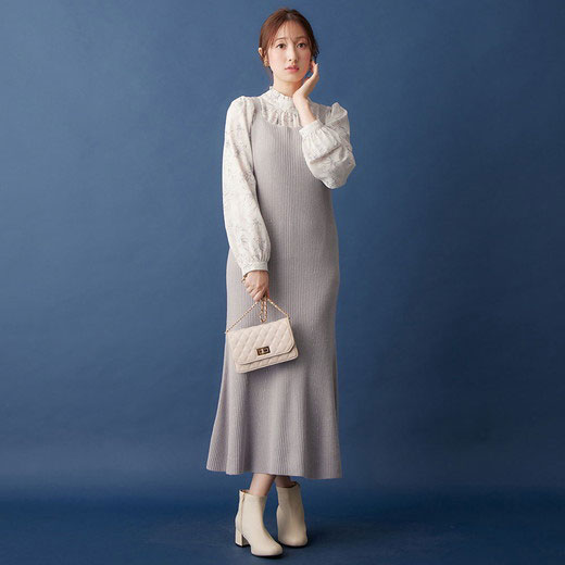 [最安値挑戦]！パール調ボタンニット＆キャミワンピース レディース 秋冬 トップス アンサンブル M-LL