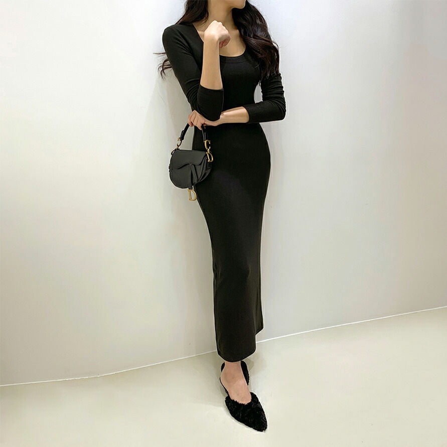 [メガ割りSALE]裏起毛スクエアスリムフィットロングワンピース・p615031