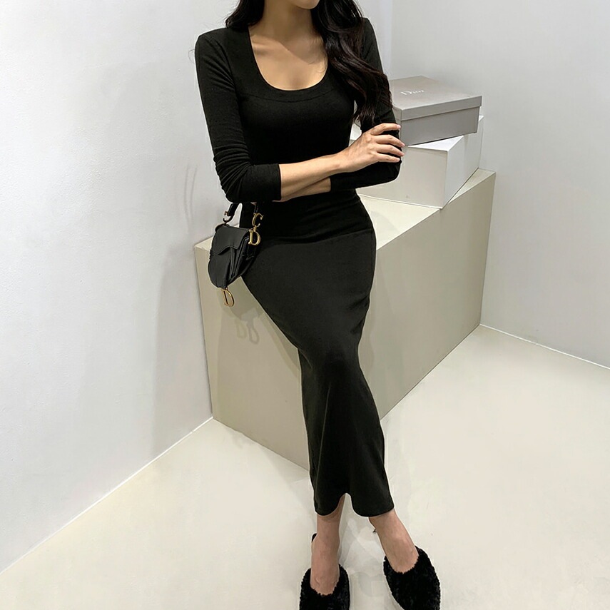 [メガ割りSALE]裏起毛スクエアスリムフィットロングワンピース・p615031