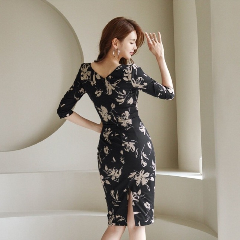 ドレス ワンピース 膝丈ドレス キャバ ワンピ ワンピースドレス セクシードレス 膝丈 五分袖 スクエアネック レディースワンピース タイトワンピース バックスリット きれいめ 大人 上品 お洒落