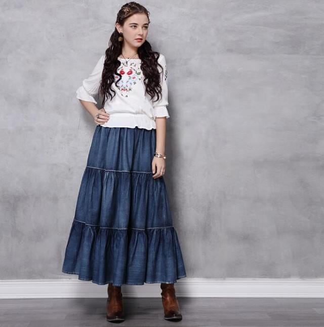 スカート デニムスカート マキシスカート ティアード ロングスカート 膝丈 レディース 春夏秋 フリフリ 古着風 ゴム 大きいサイズ おしゃれ スカート デニムスカート マキシスカート ティアード ロングスカート 膝丈 レディース 春夏秋 フリフリ 古着風 ゴム 大きいサイズ おしゃれ