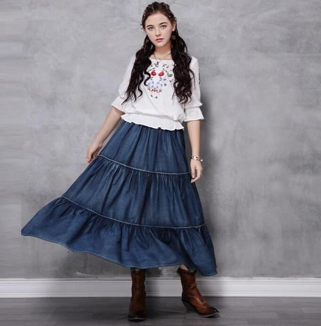 スカート デニムスカート マキシスカート ティアード ロングスカート 膝丈 レディース 春夏秋 フリフリ 古着風 ゴム 大きいサイズ おしゃれ スカート デニムスカート マキシスカート ティアード ロングスカート 膝丈 レディース 春夏秋 フリフリ 古着風 ゴム 大きいサイズ おしゃれ