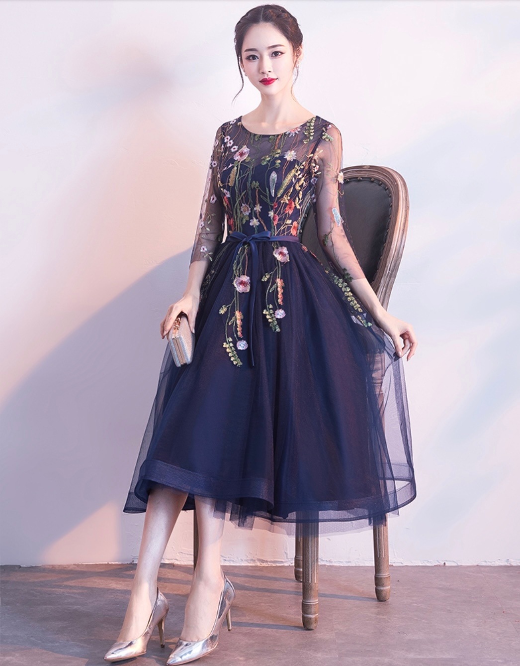 ドレス パーティードレス エレガントフローラル チュール刺繍 フレア