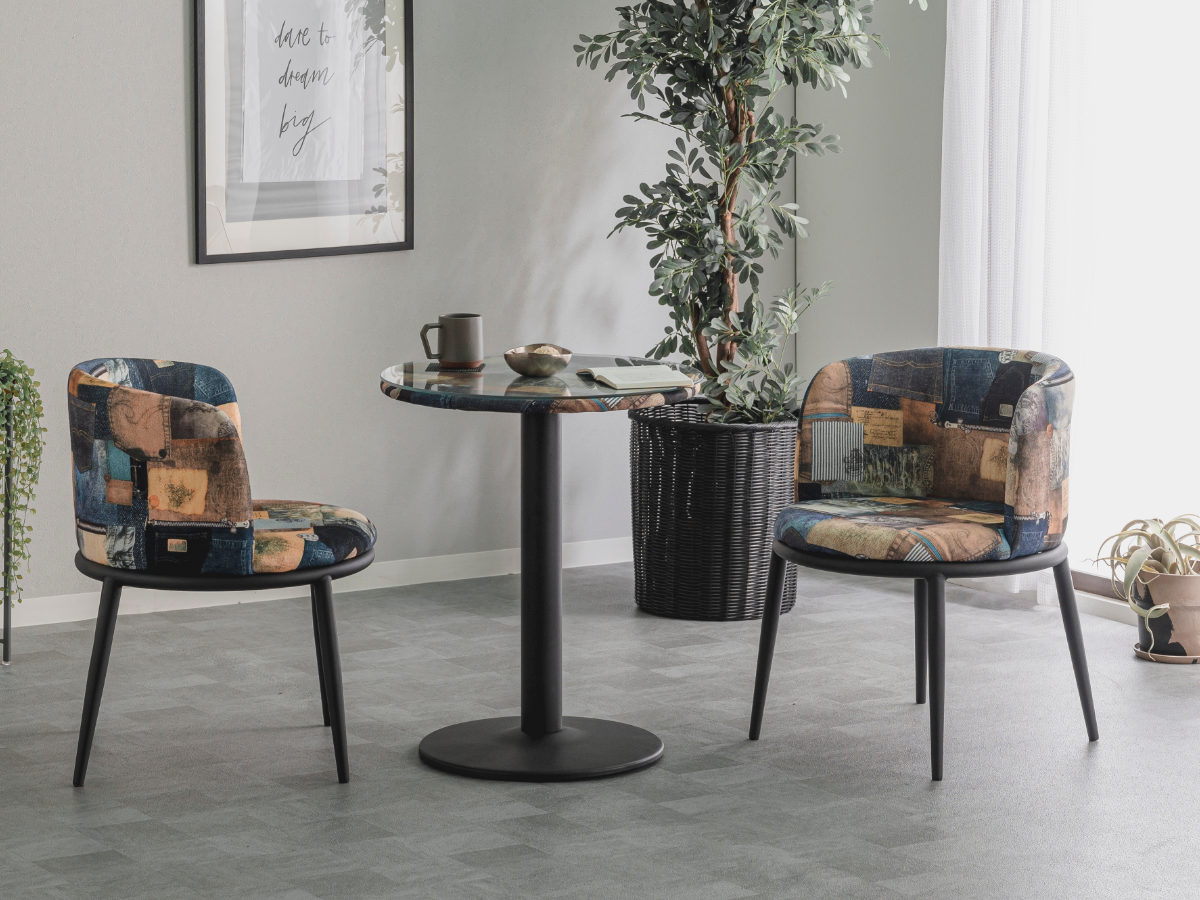 2人用 ダイニングテーブルセット 小さめ 3点セット ダイニング コンパクト カフェテーブル ガラス 丸 テーブル 椅子 チェア 2脚 セット レザー調 レトロ調 パッチワーク風 おしゃれ