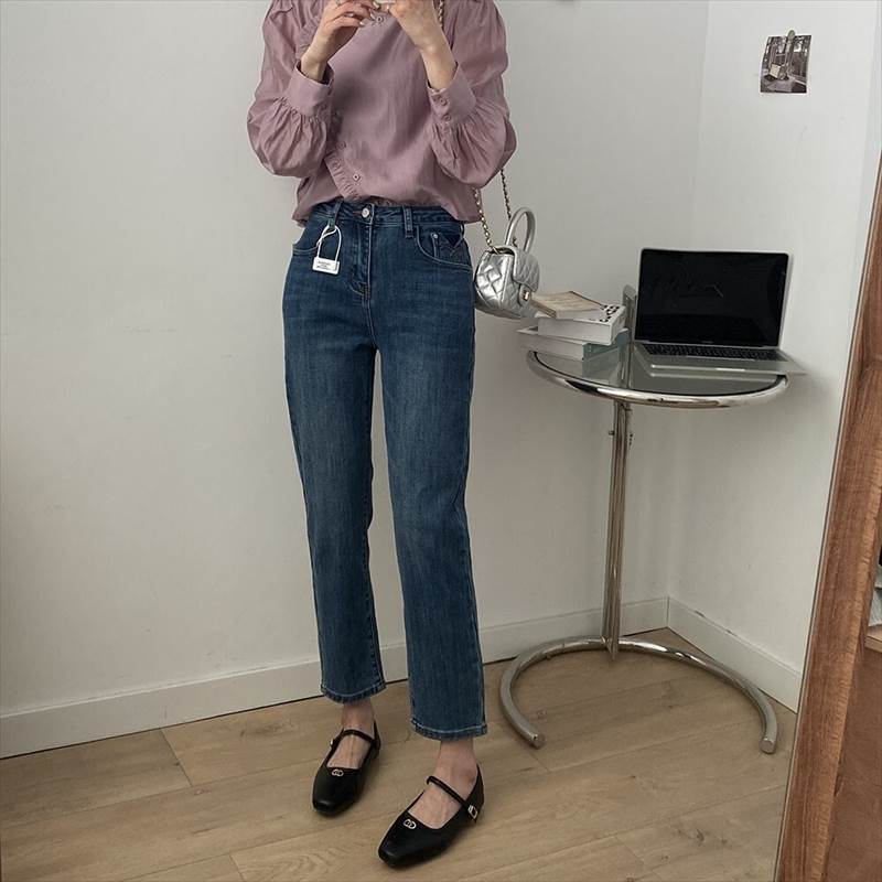 ウォッシュ加工 ジーンズ シガレットパンツ レディース パンツ ボトムス Gパン 9分丈 アンクル丈 ストレート 5ポケット 色落ち加工 ファスナー ハイウエスト ブルーデニム かわいい 大人可愛い