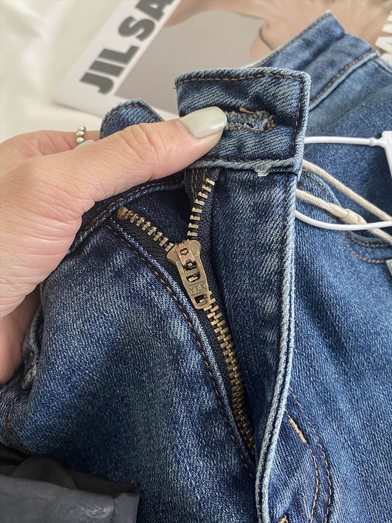 ウォッシュ加工 ジーンズ シガレットパンツ レディース パンツ ボトムス Gパン 9分丈 アンクル丈 ストレート 5ポケット 色落ち加工 ファスナー ハイウエスト ブルーデニム かわいい 大人可愛い