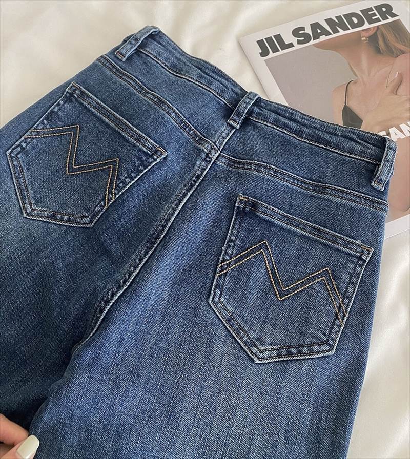 ウォッシュ加工 ジーンズ シガレットパンツ レディース パンツ ボトムス Gパン 9分丈 アンクル丈 ストレート 5ポケット 色落ち加工 ファスナー ハイウエスト ブルーデニム かわいい 大人可愛い