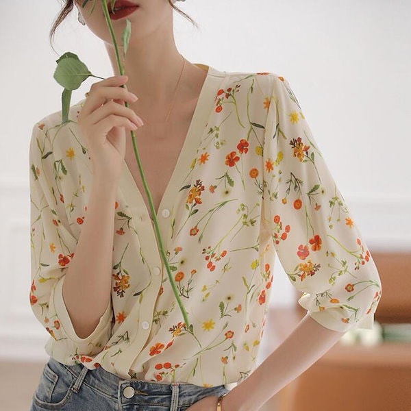 花柄シフォン半袖シャツ 楽天市場】シフォン ブラウス 半袖（柄花・植物）（レディース