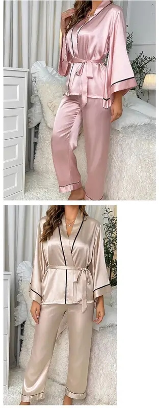 女性用サテンパジャマセット,ナイトウェア,長袖シャツ,Vネック,パンツ,カジュアル,家庭用,春秋,2個